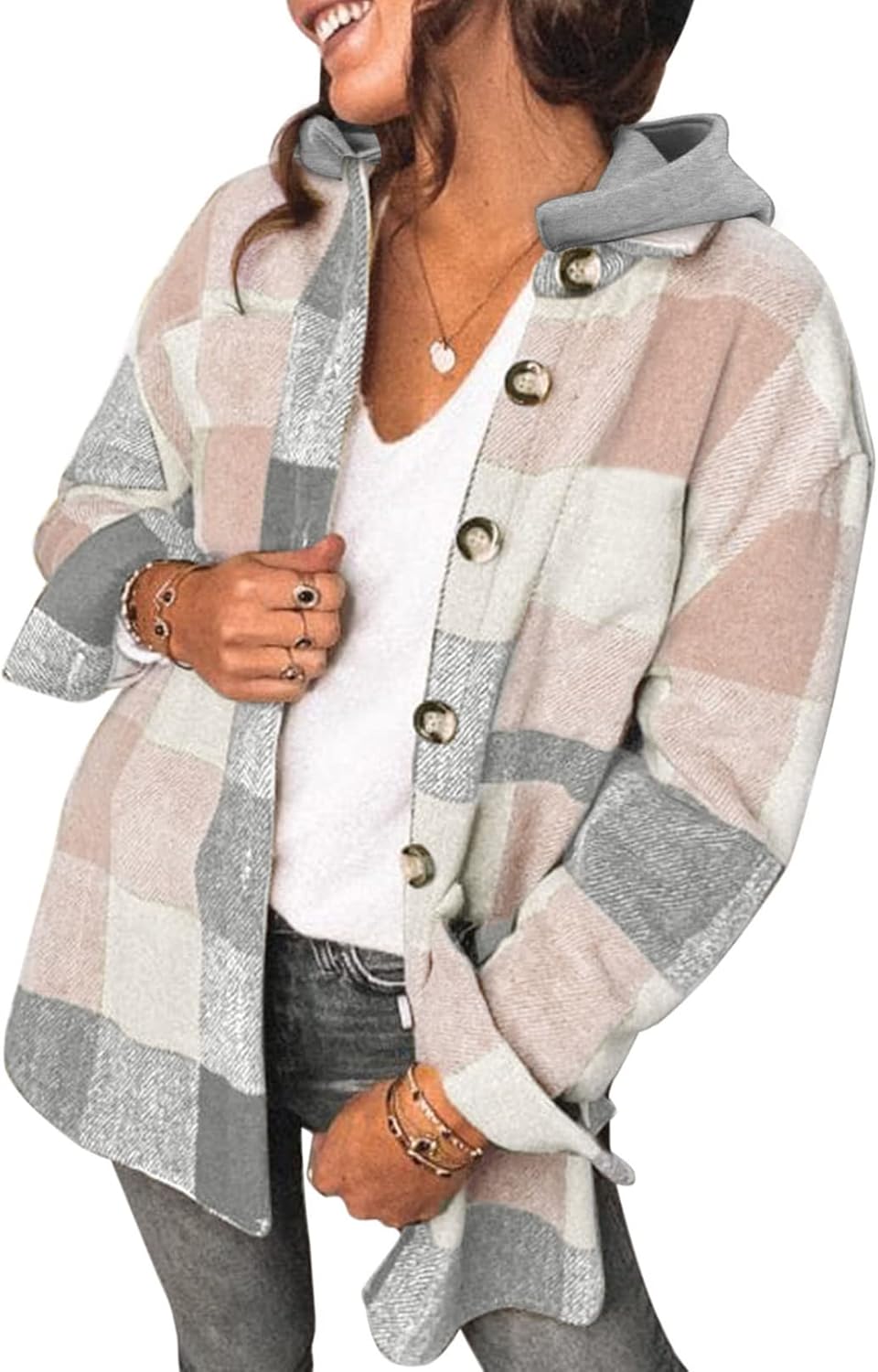 Womens Long Sleeve Button Down Plaid Shirts Flannel Hooded Shacket Jacket WILLLUXE