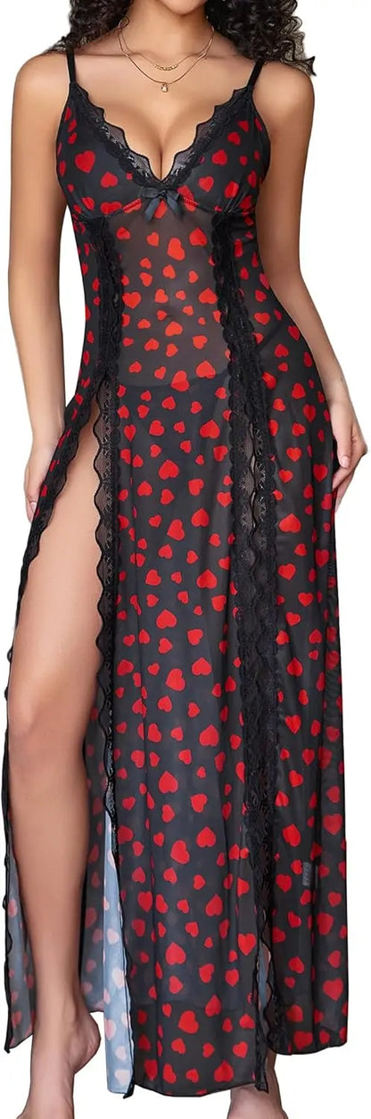 Willluxe® Lace Chemise Sexy Mesh Nightdress V Neck Side Split Nightgown Willluxe Store