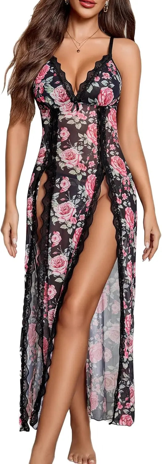 Willluxe® Lace Chemise Sexy Mesh Nightdress V Neck Side Split Nightgown Willluxe Store