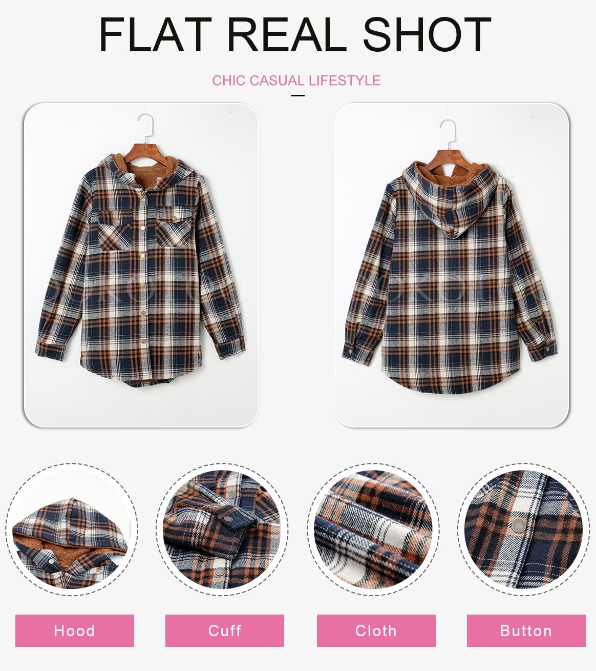 Plaid Shacket Jacket Long Sleeve Button Down Fleece Hooded Jackets Warm Coat WILLLUXE