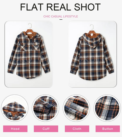 Plaid Shacket Jacket Long Sleeve Button Down Fleece Hooded Jackets Warm Coat WILLLUXE