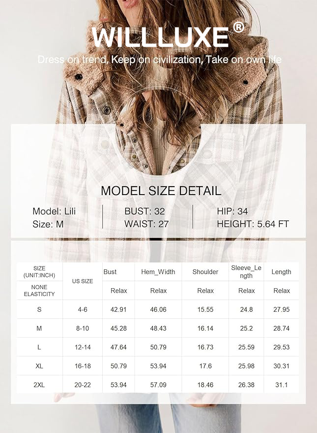 Straight Size Womens Flannel Plaid Shacket Long Sleeve Button Down Fleece Hooded Jacket WILLLUXE