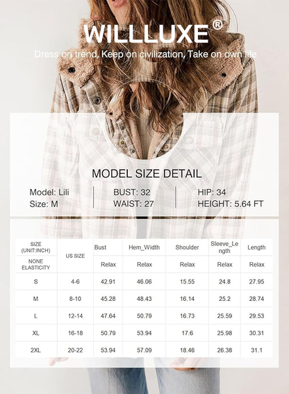 Straight Size Womens Flannel Plaid Shacket Long Sleeve Button Down Fleece Hooded Jacket WILLLUXE
