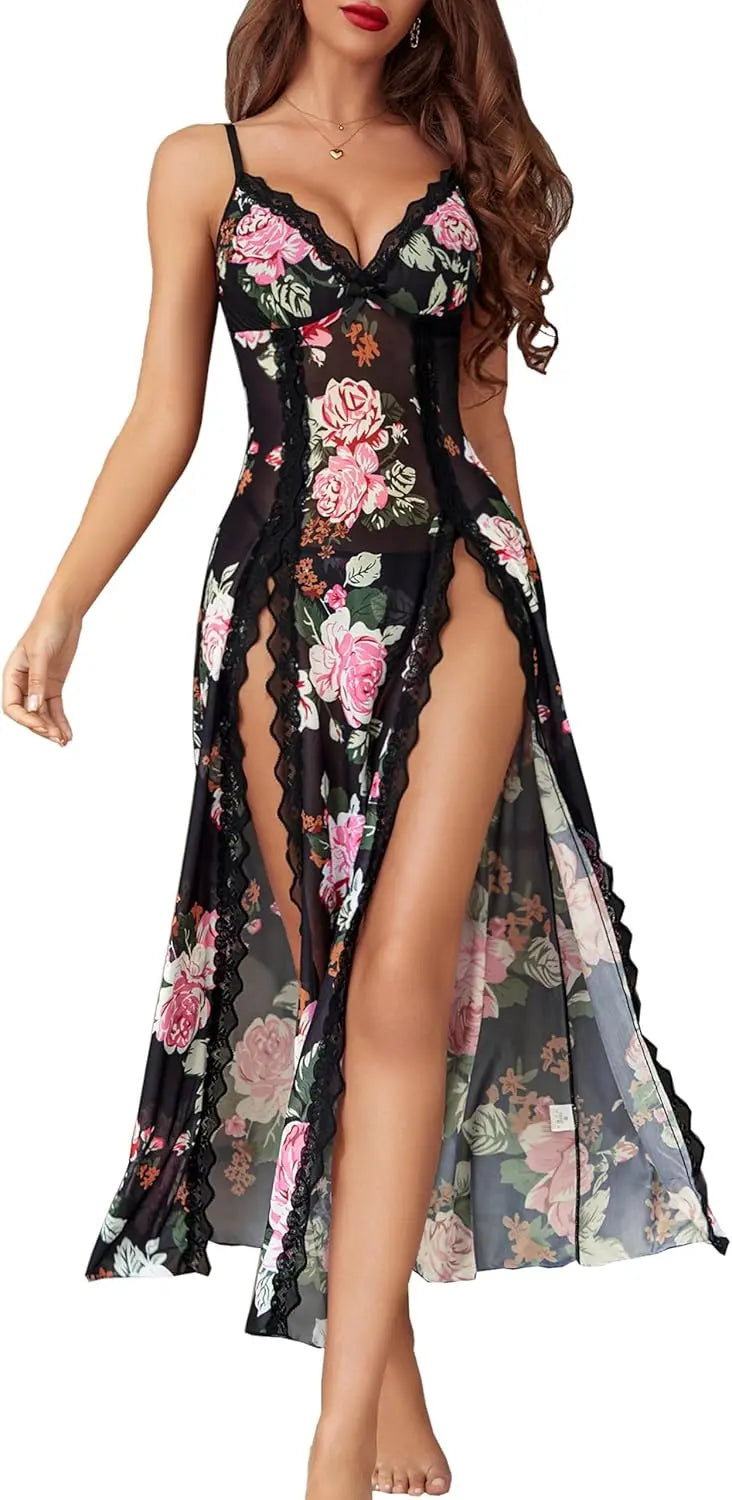 Willluxe® Lace Chemise Sexy Mesh Nightdress V Neck Side Split Nightgown Willluxe Store