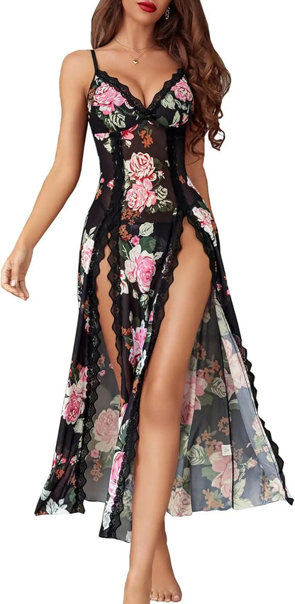 Willluxe® Lace Chemise Sexy Mesh Nightdress V Neck Side Split Nightgown Willluxe Store