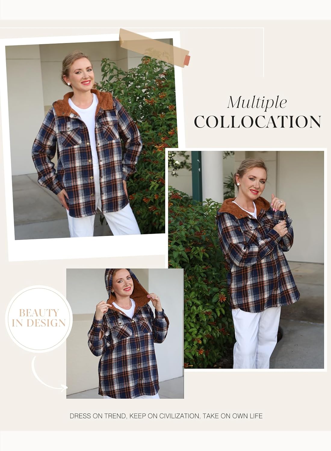 Plaid Shacket Jacket Long Sleeve Button Down Fleece Hooded Jackets Warm Coat WILLLUXE