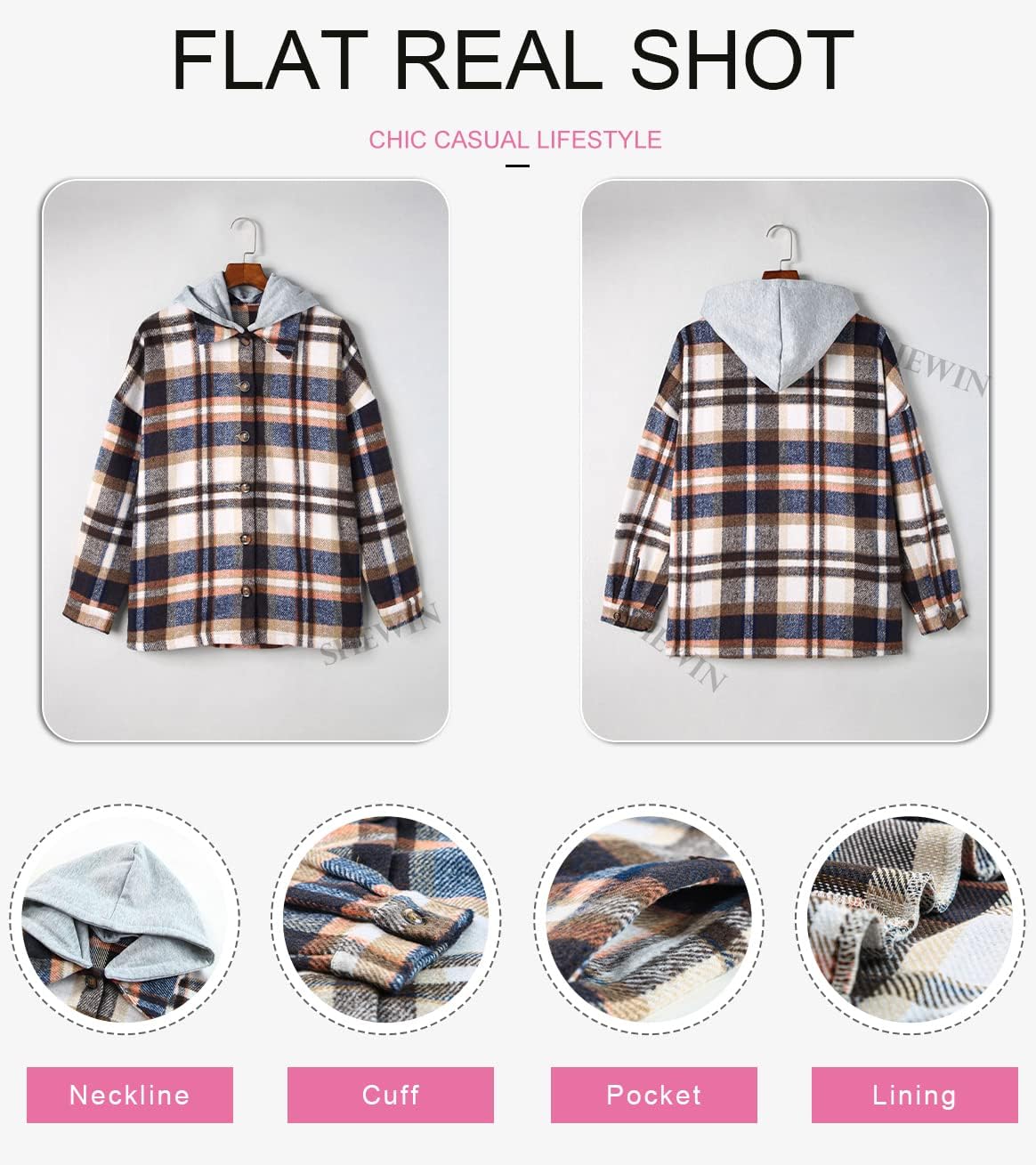 Womens Long Sleeve Button Down Plaid Shirts Flannel Hooded Shacket Jacket WILLLUXE