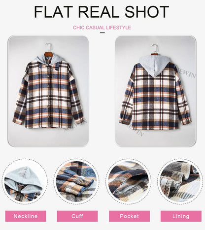 Womens Long Sleeve Button Down Plaid Shirts Flannel Hooded Shacket Jacket WILLLUXE