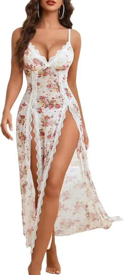 Willluxe® Lace Chemise Sexy Mesh Nightdress V Neck Side Split Nightgown Willluxe Store
