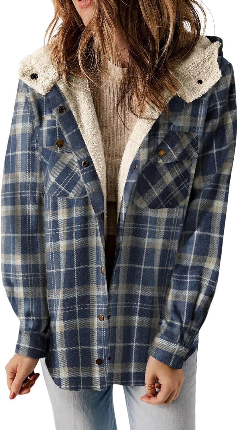 Plaid Shacket Jacket Long Sleeve Button Down Fleece Hooded Jackets Warm Coat WILLLUXE