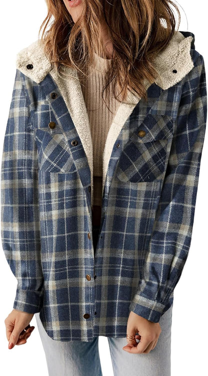 Plaid Shacket Jacket Long Sleeve Button Down Fleece Hooded Jackets Warm Coat WILLLUXE