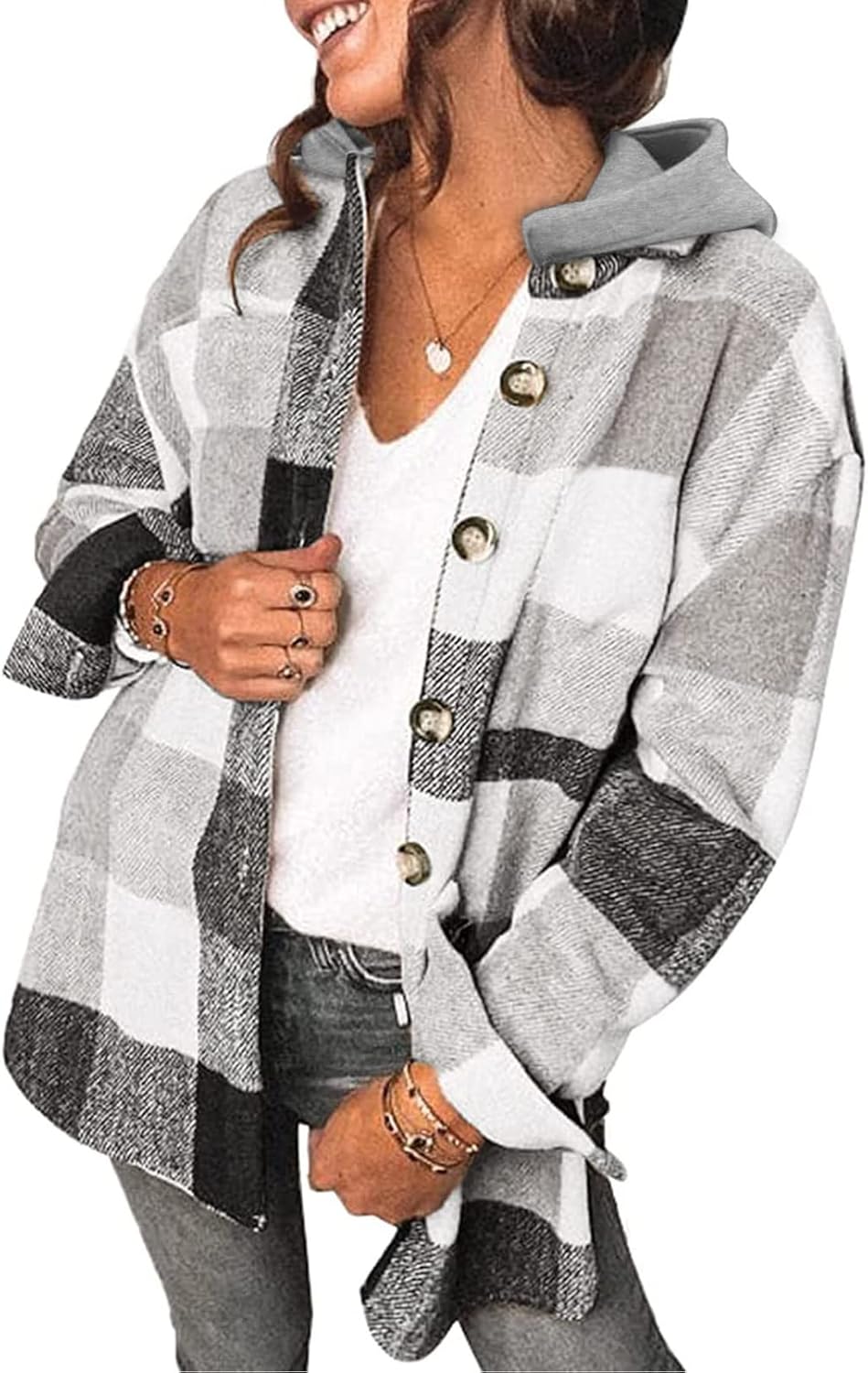 Womens Long Sleeve Button Down Plaid Shirts Flannel Hooded Shacket Jacket WILLLUXE