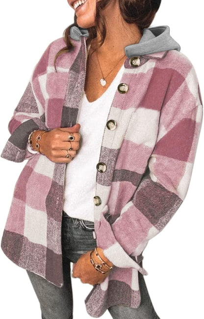 Womens Long Sleeve Button Down Plaid Shirts Flannel Hooded Shacket Jacket WILLLUXE