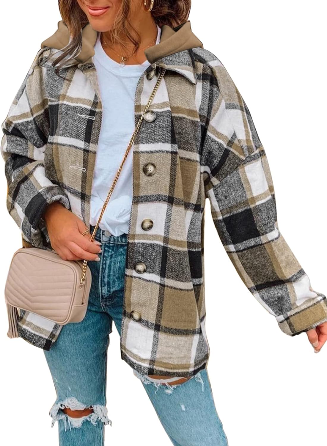 Womens Long Sleeve Button Down Plaid Shirts Flannel Hooded Shacket Jacket WILLLUXE