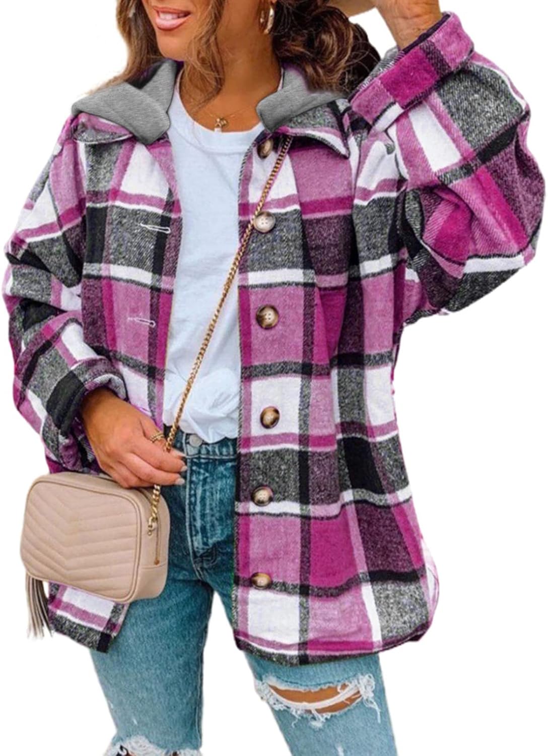 Womens Long Sleeve Button Down Plaid Shirts Flannel Hooded Shacket Jacket WILLLUXE