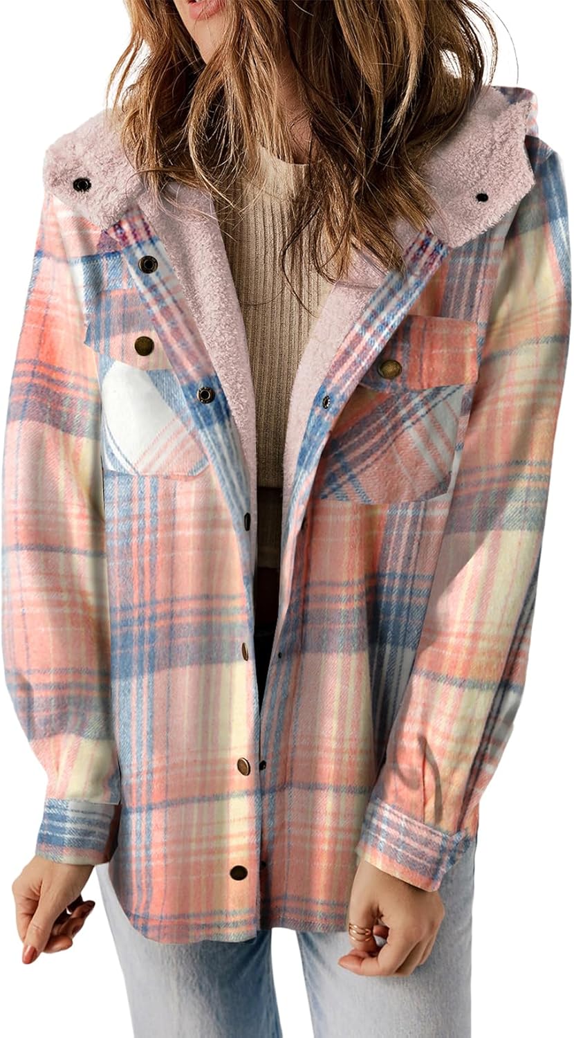 Straight Size Womens Flannel Plaid Shacket Long Sleeve Button Down Fleece Hooded Jacket WILLLUXE