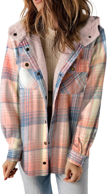 Straight Size Womens Flannel Plaid Shacket Long Sleeve Button Down Fleece Hooded Jacket WILLLUXE