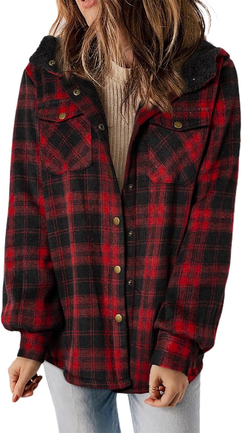 Straight Size Womens Flannel Plaid Shacket Long Sleeve Button Down Fleece Hooded Jacket WILLLUXE
