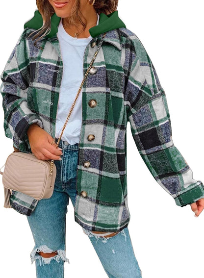 Womens Long Sleeve Button Down Plaid Shirts Flannel Hooded Shacket Jacket WILLLUXE