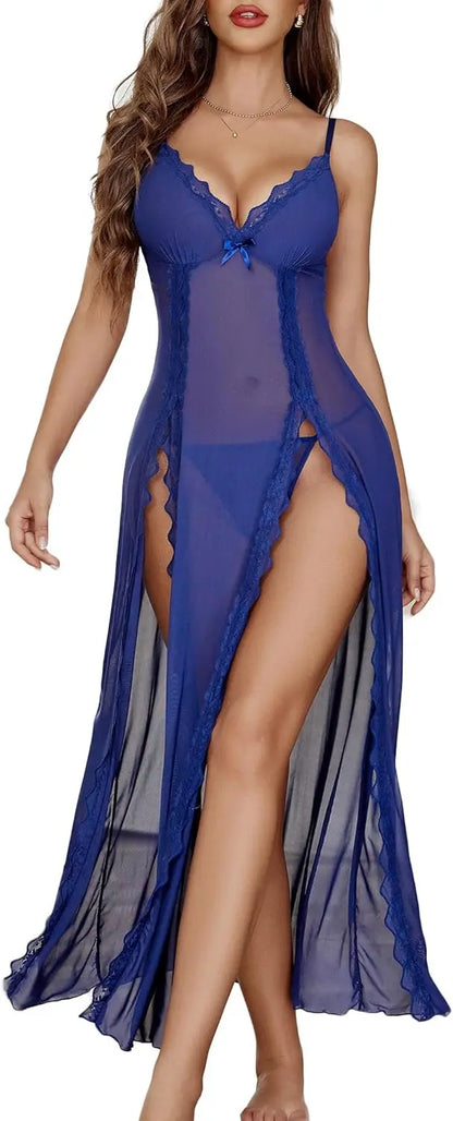 Willluxe® Lace Chemise Sexy Mesh Nightdress V Neck Side Split Nightgown Willluxe Store