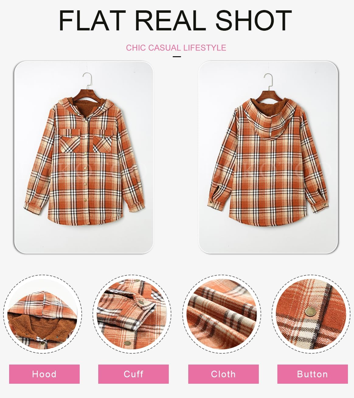 Straight Size Womens Flannel Plaid Shacket Long Sleeve Button Down Fleece Hooded Jacket WILLLUXE