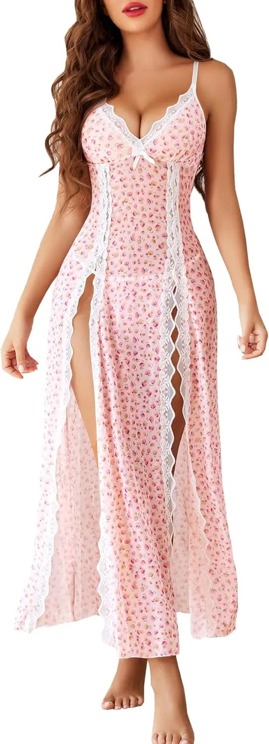 Willluxe® Lace Chemise Sexy Mesh Nightdress V Neck Side Split Nightgown Willluxe Store