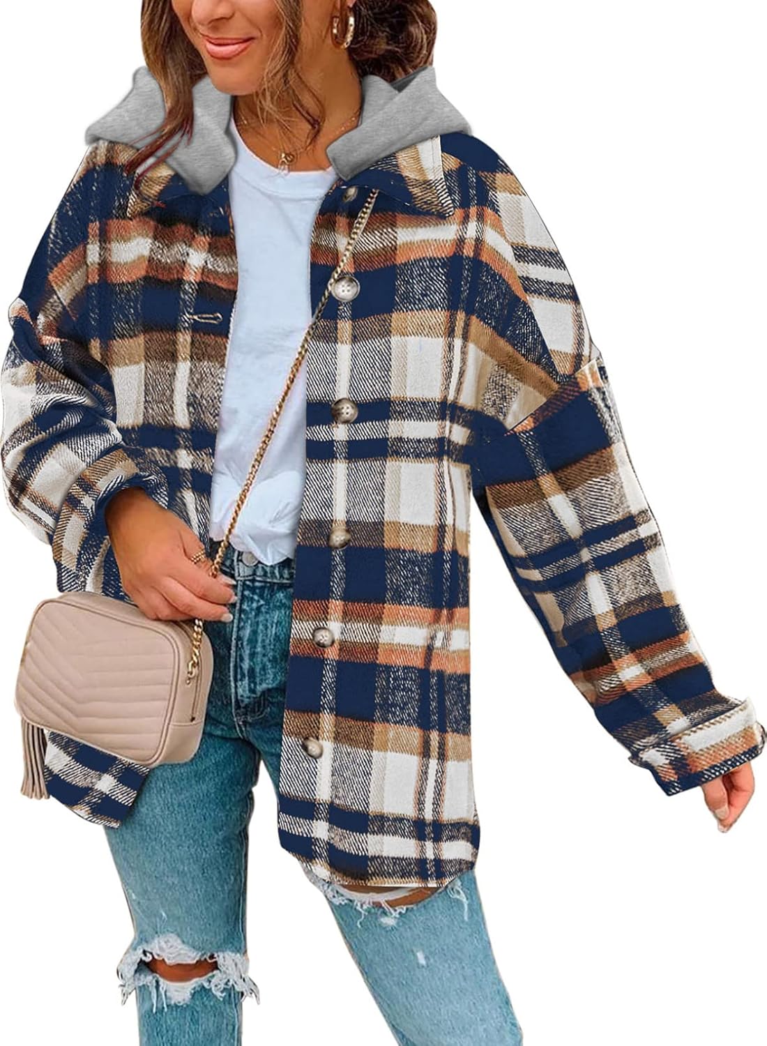 Womens Long Sleeve Button Down Plaid Shirts Flannel Hooded Shacket Jacket WILLLUXE