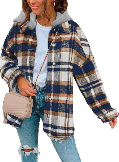 Womens Long Sleeve Button Down Plaid Shirts Flannel Hooded Shacket Jacket WILLLUXE