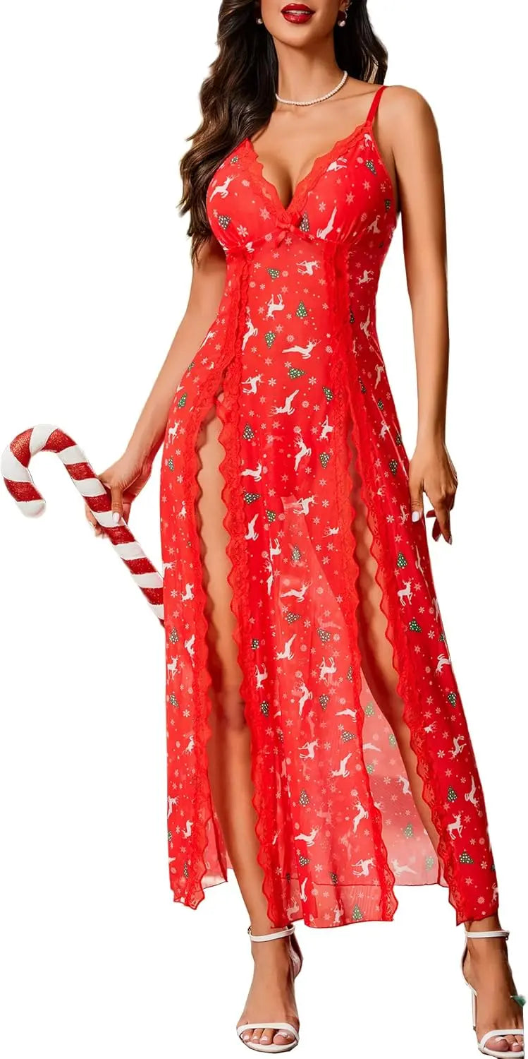 Willluxe® Lace Chemise Sexy Mesh Nightdress V Neck Side Split Nightgown Willluxe Store