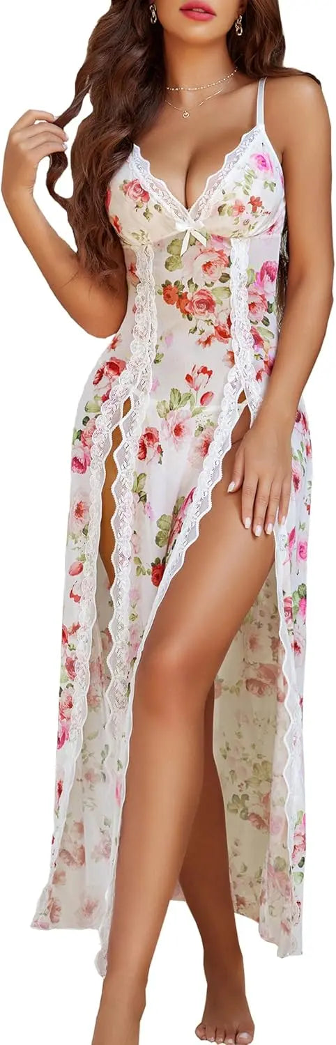 Willluxe® Lace Chemise Sexy Mesh Nightdress V Neck Side Split Nightgown Willluxe Store