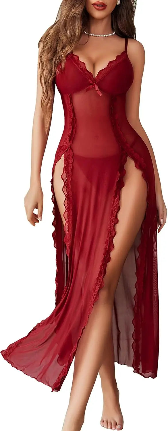 Willluxe® Lace Chemise Sexy Mesh Nightdress V Neck Side Split Nightgown Willluxe Store
