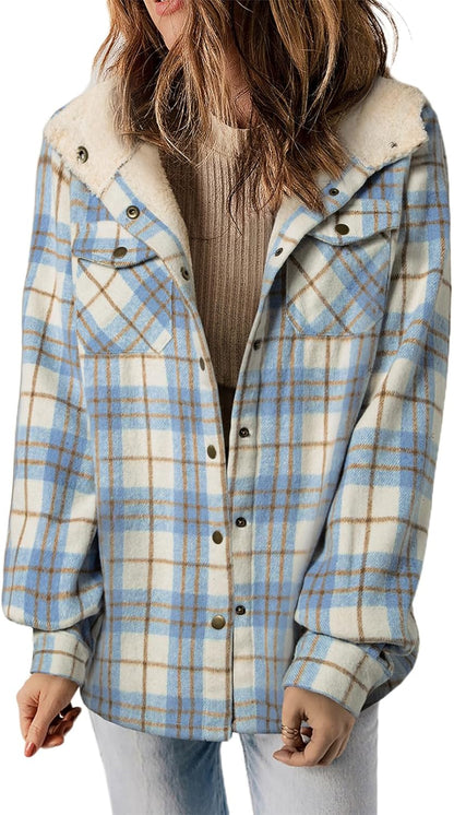 Plaid Shacket Jacket Long Sleeve Button Down Fleece Hooded Jackets Warm Coat WILLLUXE