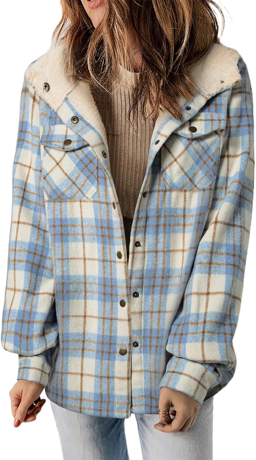 Straight Size Womens Flannel Plaid Shacket Long Sleeve Button Down Fleece Hooded Jacket WILLLUXE