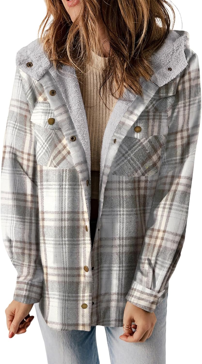 Straight Size Womens Flannel Plaid Shacket Long Sleeve Button Down Fleece Hooded Jacket WILLLUXE
