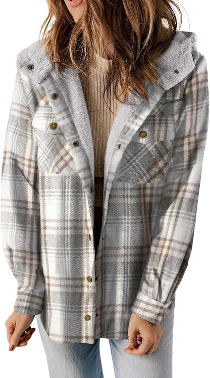 Straight Size Womens Flannel Plaid Shacket Long Sleeve Button Down Fleece Hooded Jacket WILLLUXE