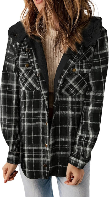 Straight Size Womens Flannel Plaid Shacket Long Sleeve Button Down Fleece Hooded Jacket WILLLUXE