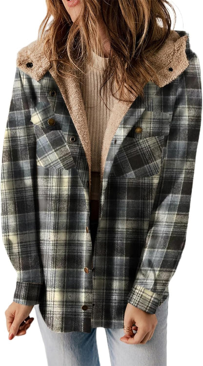 Plaid Shacket Jacket Long Sleeve Button Down Fleece Hooded Jackets Warm Coat WILLLUXE