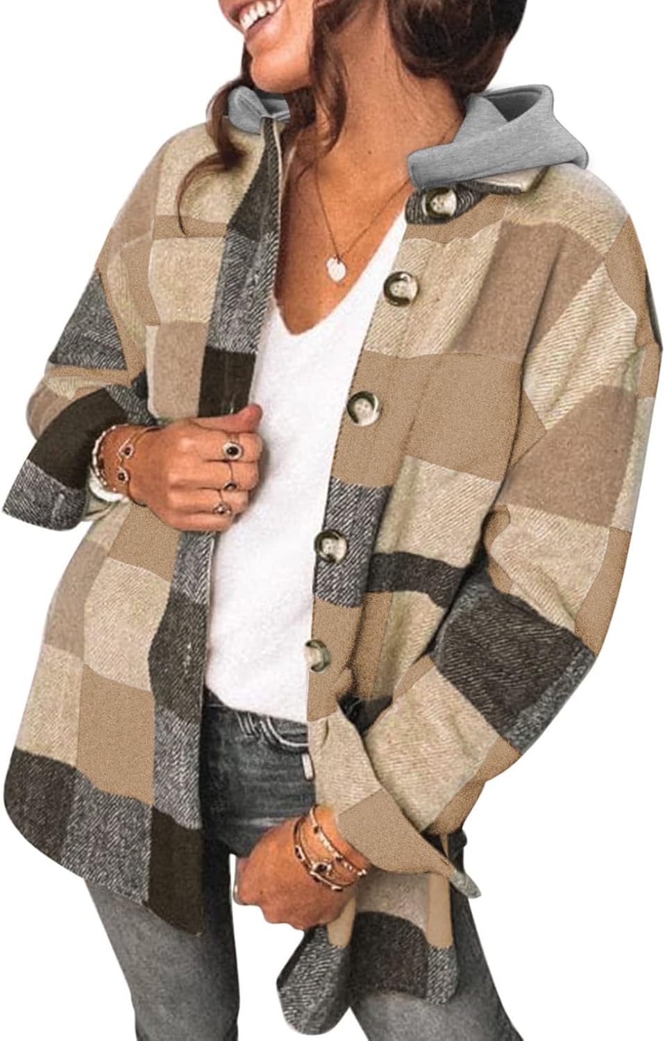 Womens Long Sleeve Button Down Plaid Shirts Flannel Hooded Shacket Jacket WILLLUXE