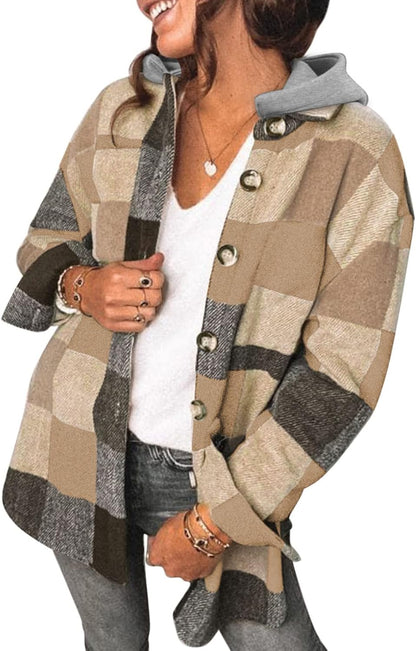 Womens Long Sleeve Button Down Plaid Shirts Flannel Hooded Shacket Jacket WILLLUXE