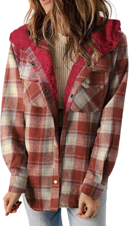 Plaid Shacket Jacket Long Sleeve Button Down Fleece Hooded Jackets Warm Coat WILLLUXE