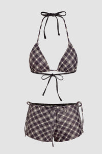 Willluxe® Halter Neckline Check Knotted Triangle Tieside Bikini Set with Coverup Shorts & Headscarf