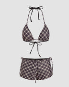 Willluxe® Halter Neckline Check Knotted Triangle Tieside Bikini Set with Coverup Shorts & Headscarf