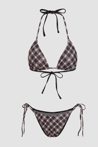Willluxe® Halter Neckline Check Knotted Triangle Tieside Bikini Set with Coverup Shorts & Headscarf