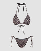 Willluxe® Halter Neckline Check Knotted Triangle Tieside Bikini Set with Coverup Shorts & Headscarf