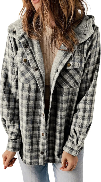 Plaid Shacket Jacket Long Sleeve Button Down Fleece Hooded Jackets Warm Coat WILLLUXE