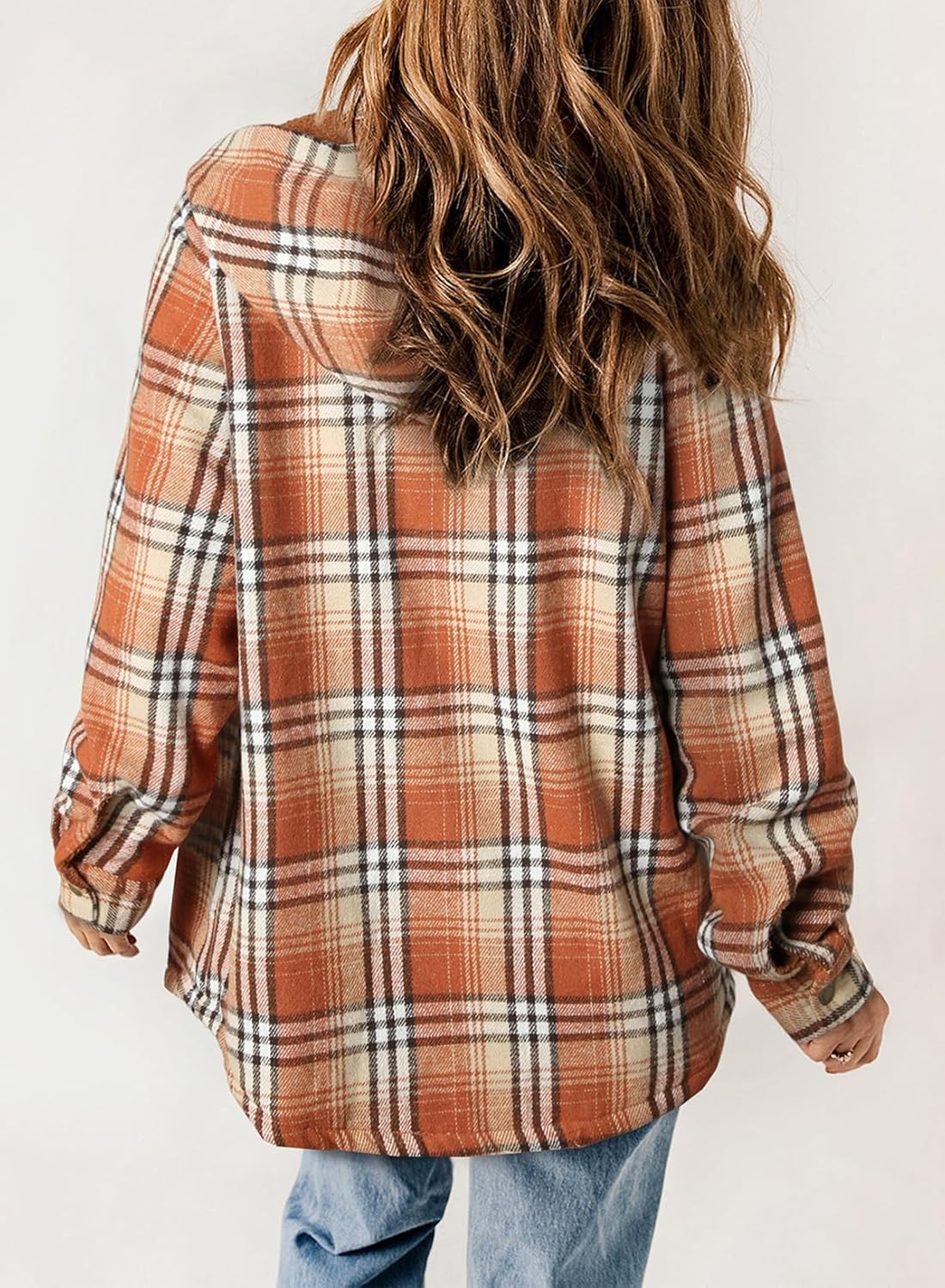 Straight Size Womens Flannel Plaid Shacket Long Sleeve Button Down Fleece Hooded Jacket WILLLUXE