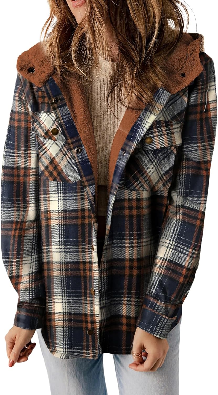 Straight Size Womens Flannel Plaid Shacket Long Sleeve Button Down Fleece Hooded Jacket WILLLUXE