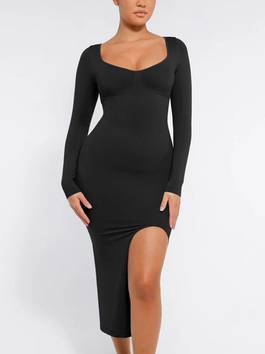 Willluxe Seamless Long Sleeve Shaper Dress with Removable Pads and High Slit