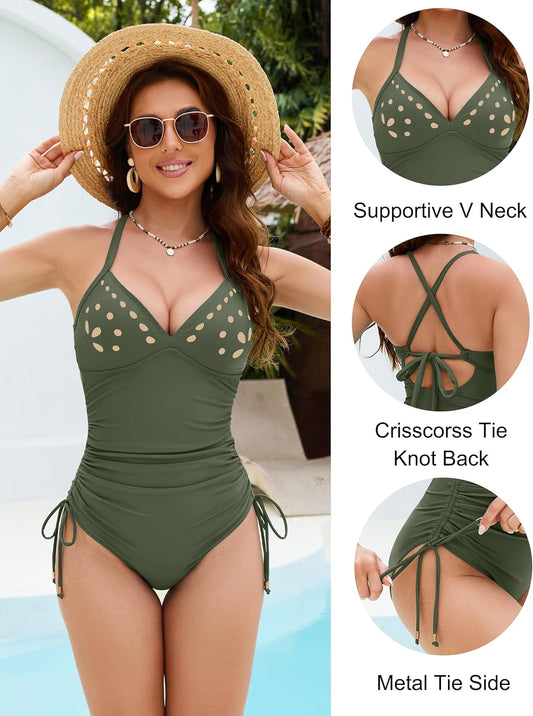 2026 Women's One Piece Swimsuit Tummy Control Bathing Suit Petal Hollow V Neck Swim Suits