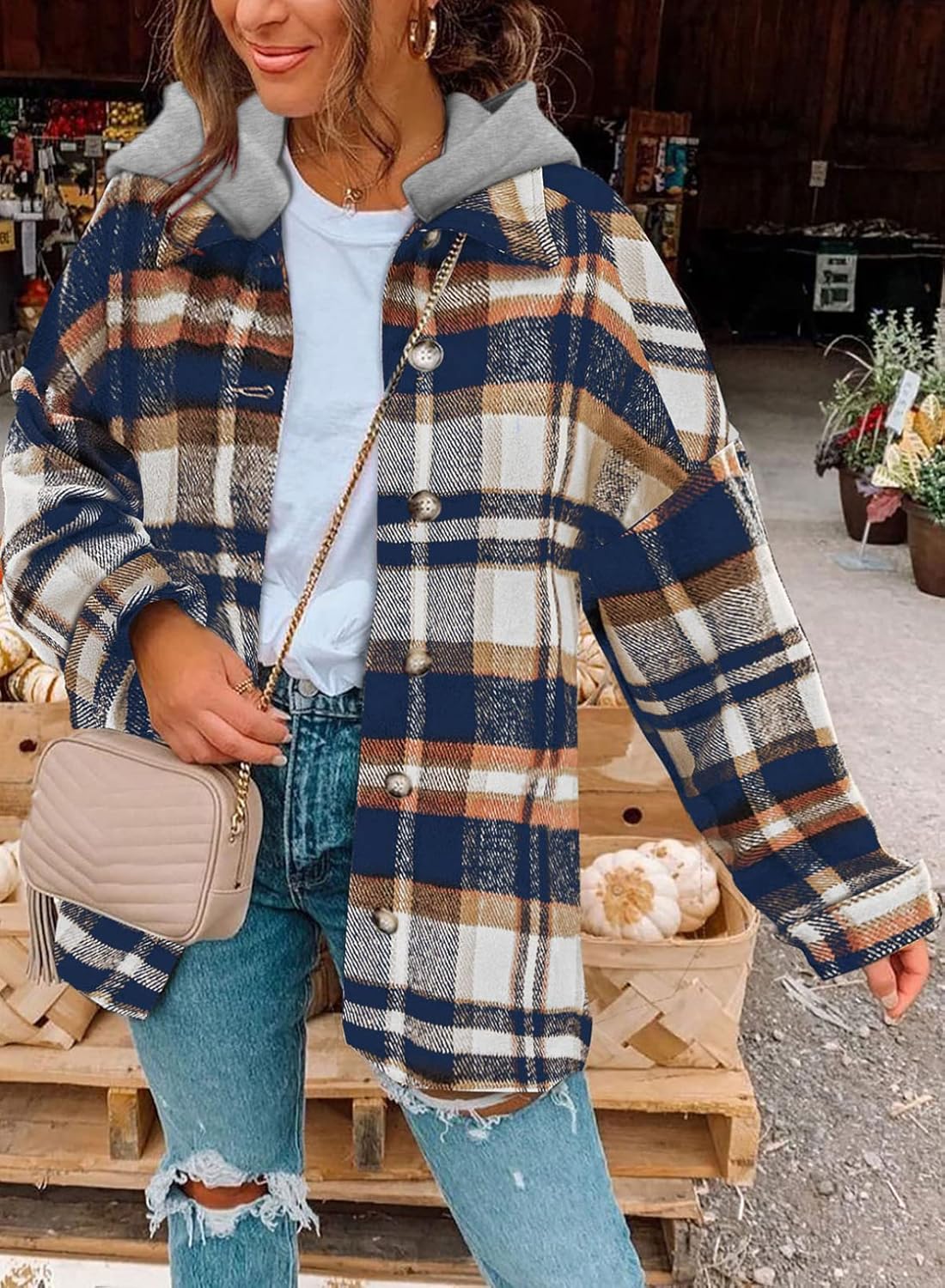 Womens Long Sleeve Button Down Plaid Shirts Flannel Hooded Shacket Jacket WILLLUXE